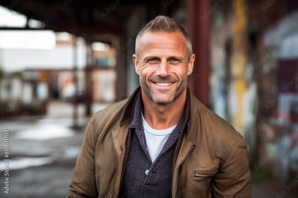 Medium shot portrait photography of a grinning man in his 40s that is wearing a chic cardigan against an industrial or urban decay background . Generative AI Medium shot portrait photography of a grinning man in his 40s that is wearing a chic cardigan against an industrial or urban decay background . Generative AI