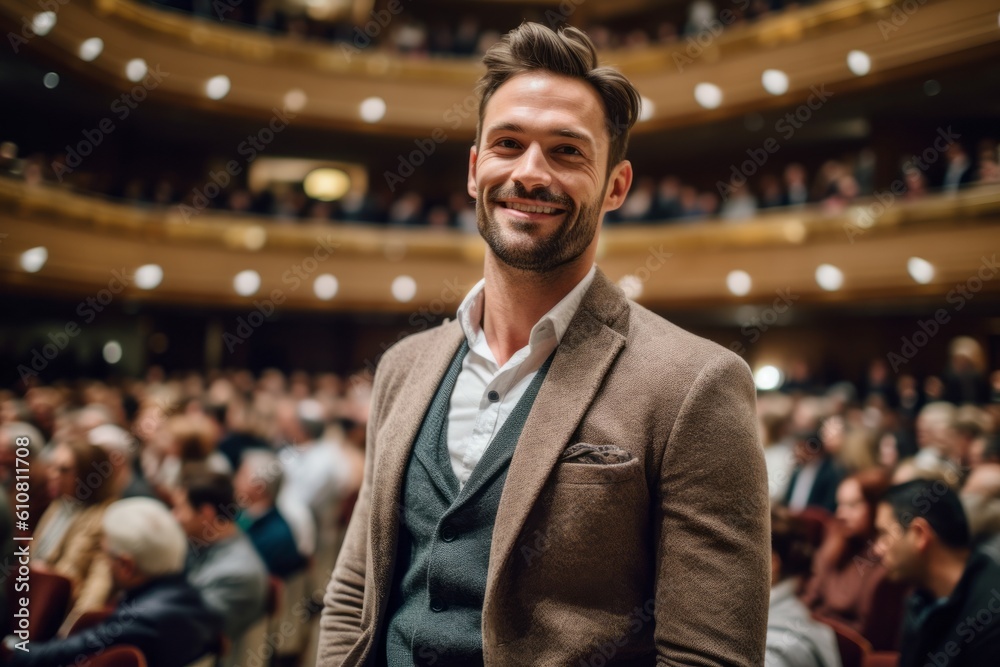 © Leon Waltz - Medium shot portrait photography of a pleased man in his 30s that is wearing a chic cardigan against a beautiful symphony orchestra performance in a concert hall background .  Generative AI