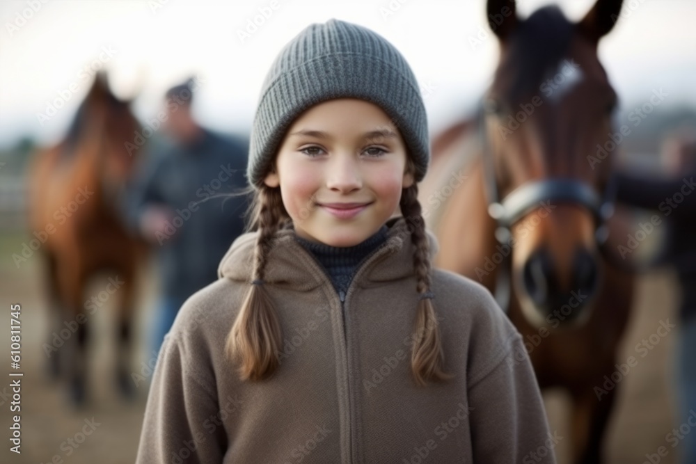 Portrait of cute smiling girl with horse in background, shallow depth of field