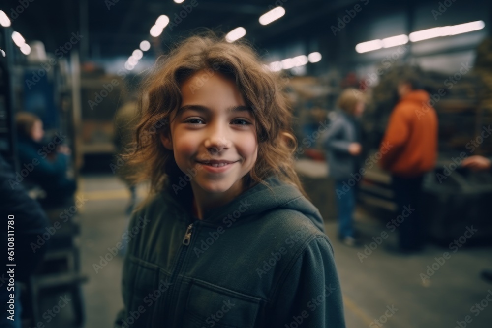 Portrait of a smiling girl with curly hair in a warehouse. Portrait of a smiling girl with curly hair in a warehouse.