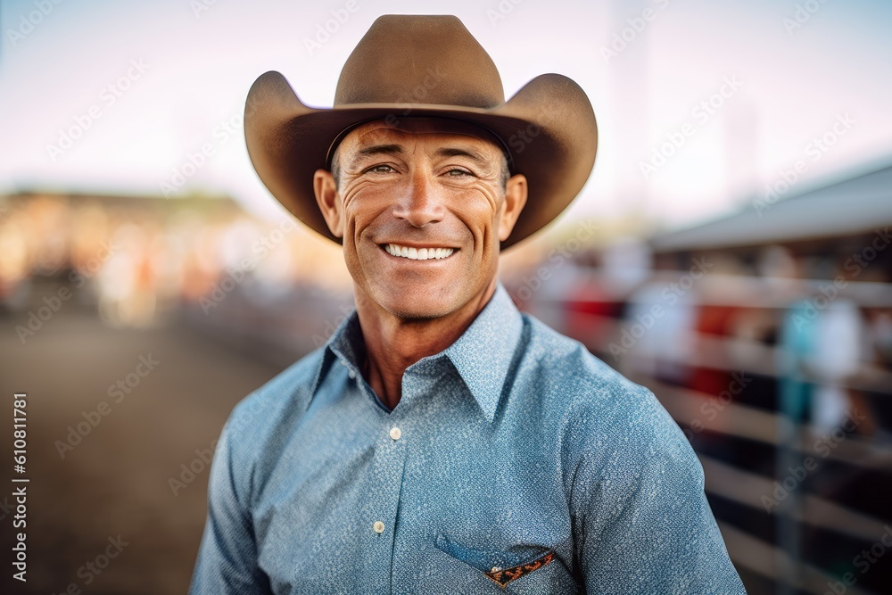 Portrait of a smiling cowboy in a cowboy hat on a ranch