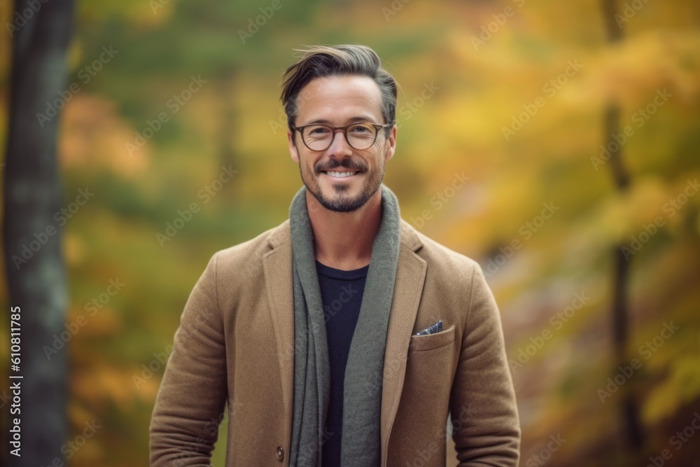 Portrait of a handsome young man in a coat and glasses standing in the autumn park. Portrait of a handsome young man in a coat and glasses standing in the autumn park.