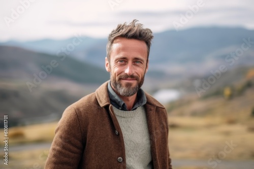 Portrait of a handsome mature man standing outdoors in the countryside.