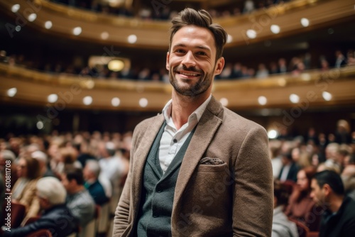 Medium shot portrait photography of a pleased man in his 30s that is wearing a chic cardigan against a beautiful symphony orchestra performance in a concert hall background .  Generative AI