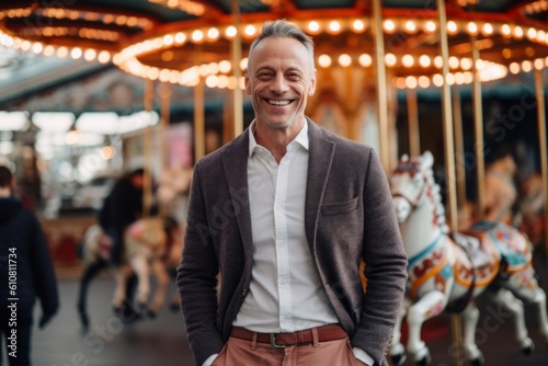Medium shot portrait photography of a grinning man in his 40s that is wearing a chic cardigan against an old-fashioned carousel in motion at a city square background .  Generative AI © Eber Braun