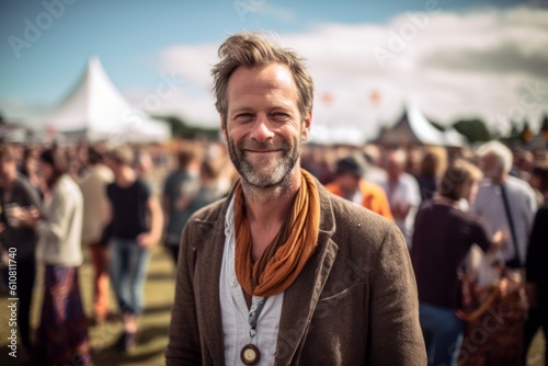 Medium shot portrait photography of a grinning man in his 40s that is wearing a chic cardigan against an outdoor music festival with attendees having fun background . Generative AI