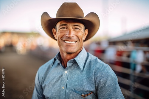 Obraz na płótnie Portrait of a smiling cowboy in a cowboy hat on a ranch w salonie