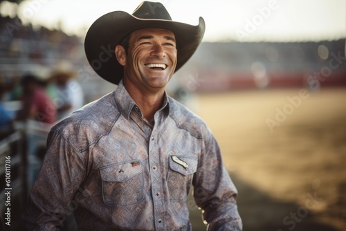 Portrait of a smiling cowboy standing in a rodeo arena. photo
