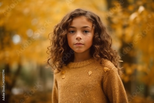 Portrait of a beautiful little girl in a yellow sweater on a background of autumn park