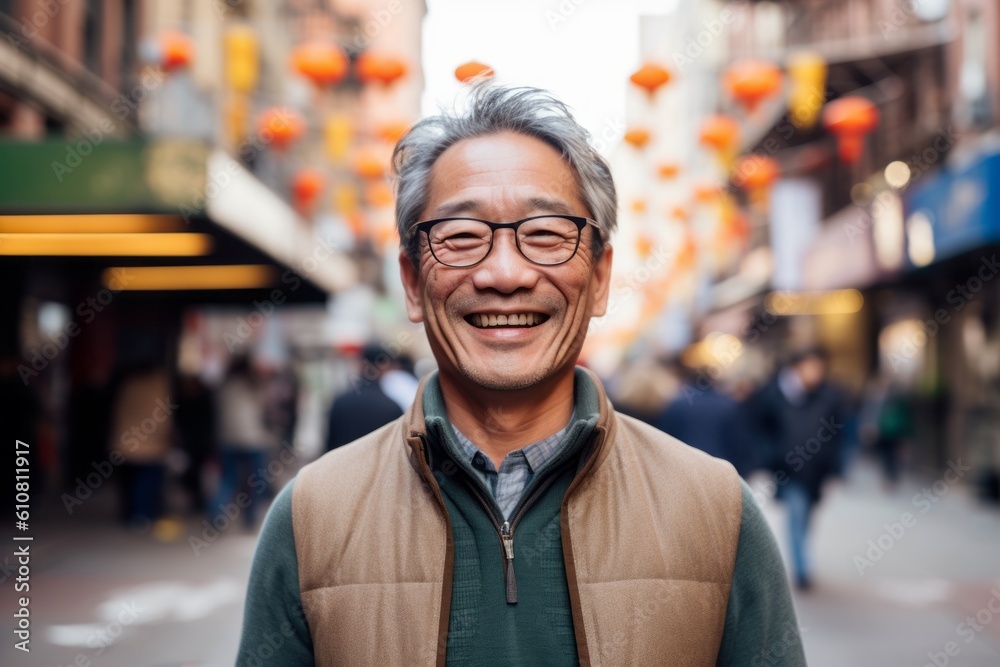 Portrait of happy Asian senior man in Chinatown, New York City Portrait of happy Asian senior man in Chinatown, New York City