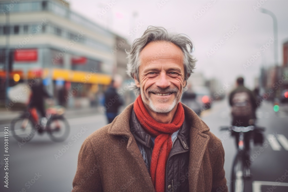 Handsome middle-aged man with gray hair and red scarf in the city streets Handsome middle-aged man with gray hair and red scarf in the city streets