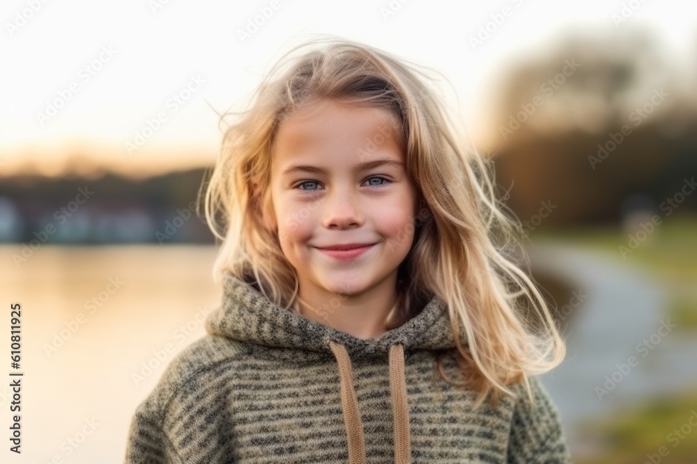 Portrait of a little girl with blond hair in a sweater on the background of the river. Portrait of a little girl with blond hair in a sweater on the background of the river.