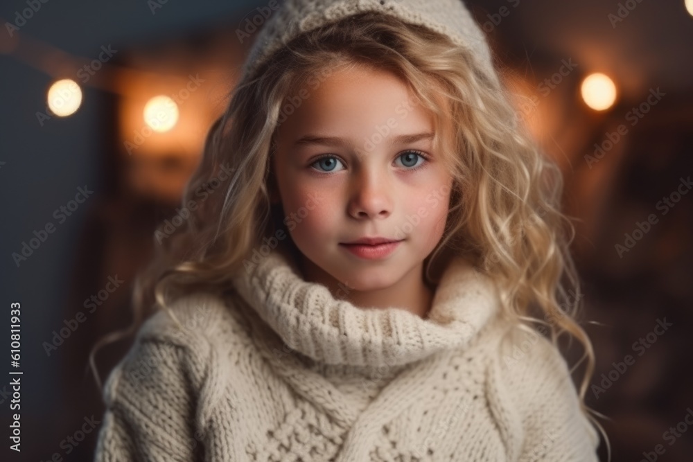 Portrait of a beautiful little girl with blond curly hair in a knitted warm sweater and hat. Portrait of a beautiful little girl with blond curly hair in a knitted warm sweater and hat.
