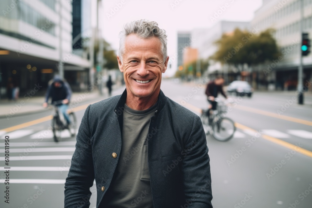 Portrait of happy senior man walking in city street. Mature man smiling and looking at camera.