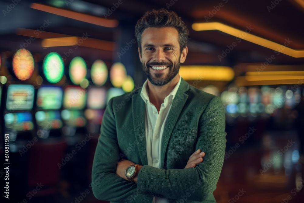 Portrait of a handsome young man smiling with arms crossed in casino Portrait of a handsome young man smiling with arms crossed in casino