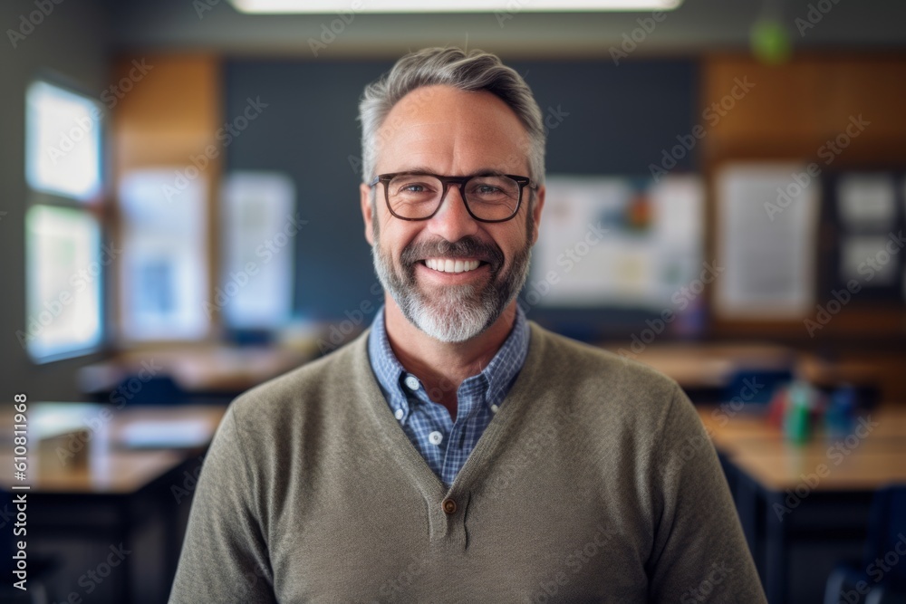 Medium shot portrait photography of a grinning man in his 50s that is wearing a chic cardigan against a classroom or educational setting background . Generative AI Medium shot portrait photography of a grinning man in his 50s that is wearing a chic cardigan against a classroom or educational setting background . Generative AI