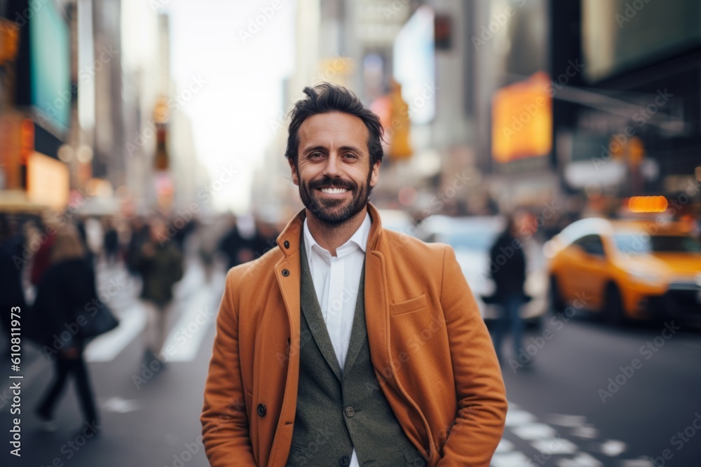 Medium shot portrait photography of a pleased man in his 30s that is wearing a chic cardigan against a bustling city intersection with taxis and pedestrians background . Generative AI Medium shot portrait photography of a pleased man in his 30s that is wearing a chic cardigan against a bustling city intersection with taxis and pedestrians background . Generative AI
