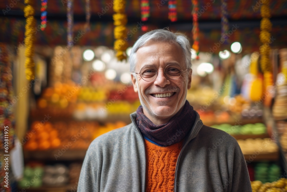 Medium shot portrait photography of a grinning man in his 50s that is wearing a chic cardigan against a bustling trader's market with colorful fabrics and spices background .  Generative AI