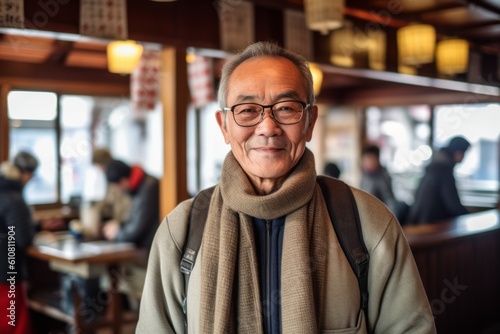 Medium shot portrait photography of a grinning man in his 50s that is wearing a charming scarf against a bustling traditional tea house with servers and patrons background .  Generative AI