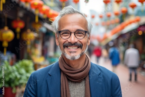Portrait of handsome mature Asian man wearing eyeglasses in Chinatown