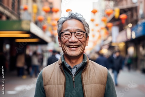 Portrait of happy Asian senior man in Chinatown, New York City