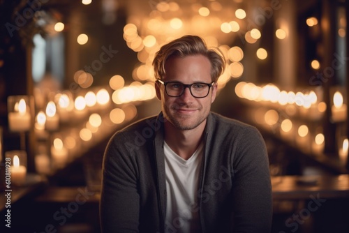 Portrait of handsome man with eyeglasses looking at camera in restaurant