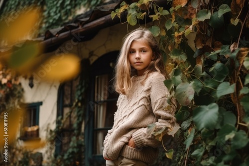 Portrait of a cute little girl with blond hair in a white sweater on the background of an autumn alley.