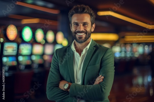 Portrait of a handsome young man smiling with arms crossed in casino