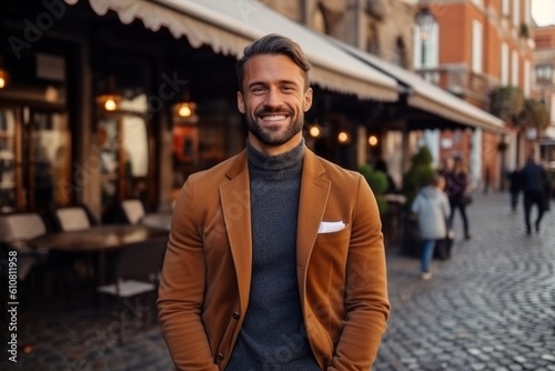 Portrait of a handsome young man wearing a coat and smiling at the camera while standing in a street cafe