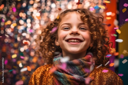 Portrait of smiling little girl with curly hair at birthday party against colourful confetti