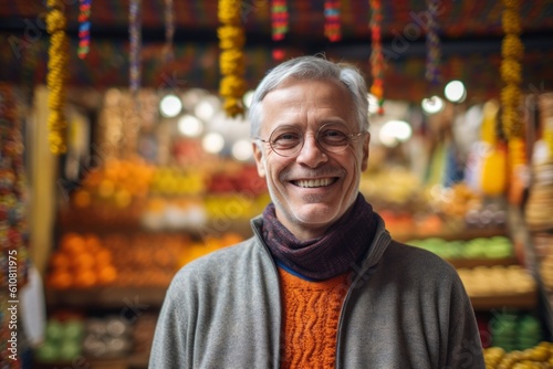 Medium shot portrait photography of a grinning man in his 50s that is wearing a chic cardigan against a bustling trader's market with colorful fabrics and spices background .  Generative AI © Eber Braun