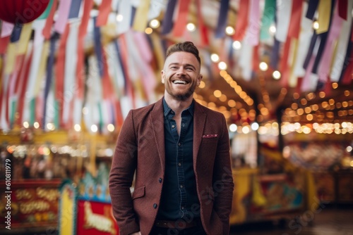 Medium shot portrait photography of a pleased man in his 30s that is wearing a chic cardigan against a circus or big top background .  Generative AI