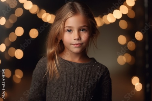 Cute little girl on dark background with bokeh lights.