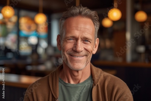 Portrait of handsome mature man smiling at camera while standing in cafe