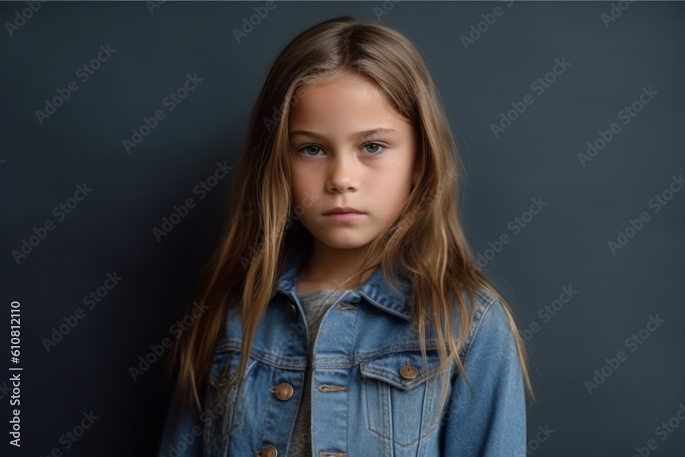 Portrait of a little girl in a denim jacket on a gray background Portrait of a little girl in a denim jacket on a gray background