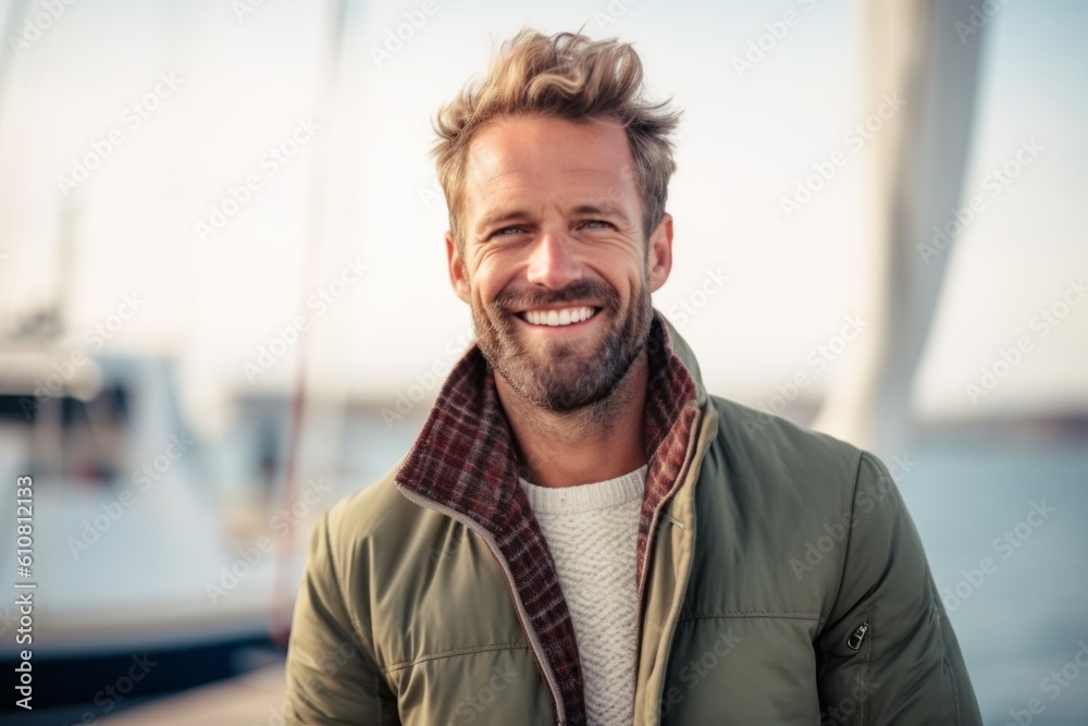 Portrait of handsome man smiling at camera while standingof yacht Portrait of handsome man smiling at camera while standingof yacht