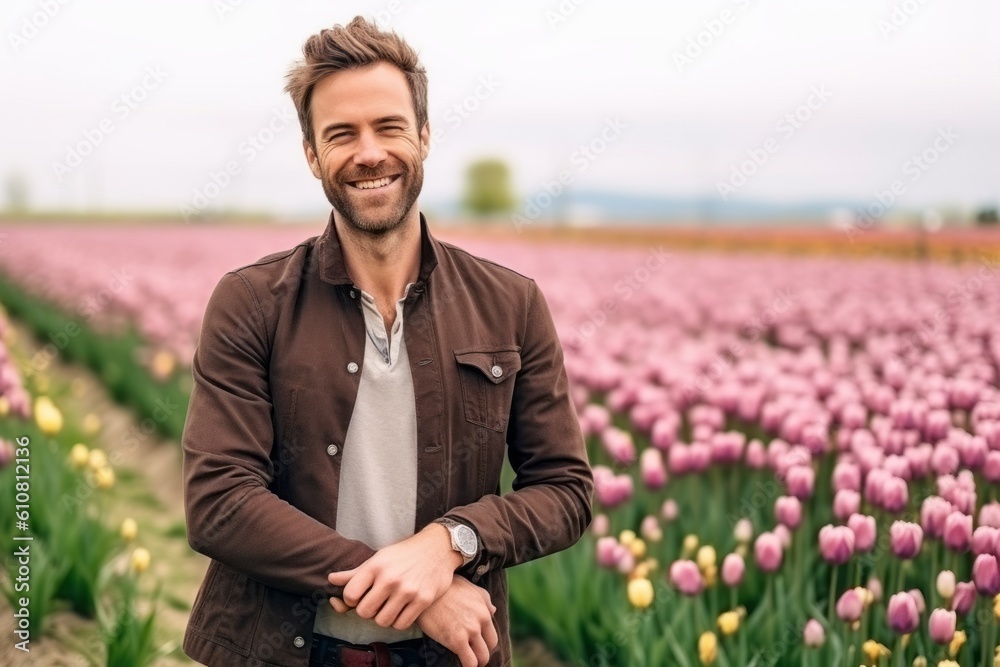 Medium shot portrait photography of a pleased man in his 30s that is wearing a chic cardigan against a flower field or tulip field background . Generative AI Medium shot portrait photography of a pleased man in his 30s that is wearing a chic cardigan against a flower field or tulip field background . Generative AI