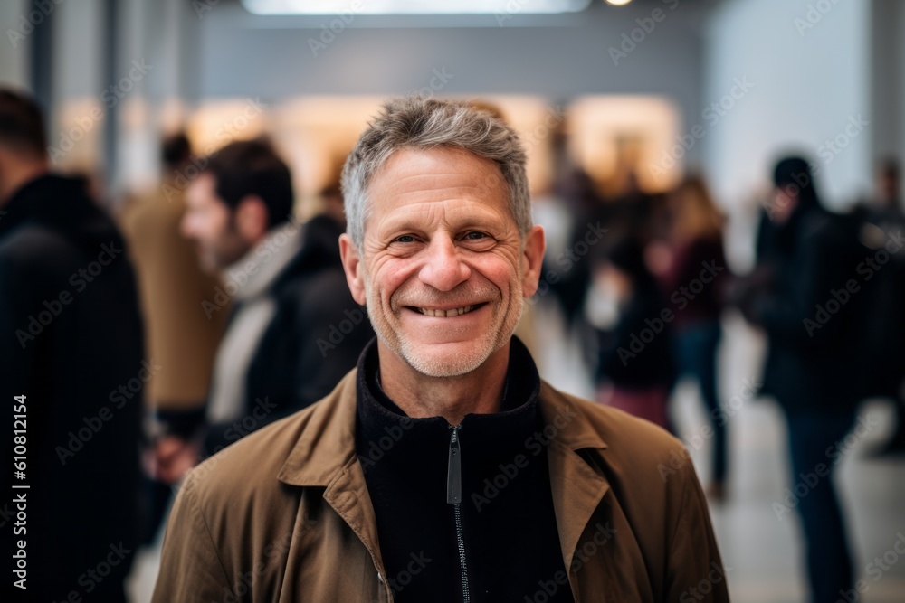 Portrait of a smiling senior man standing in an exhibition hall.
