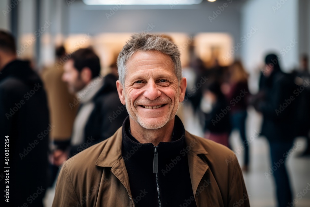 Portrait of a smiling senior man standing in an exhibition hall. Portrait of a smiling senior man standing in an exhibition hall.