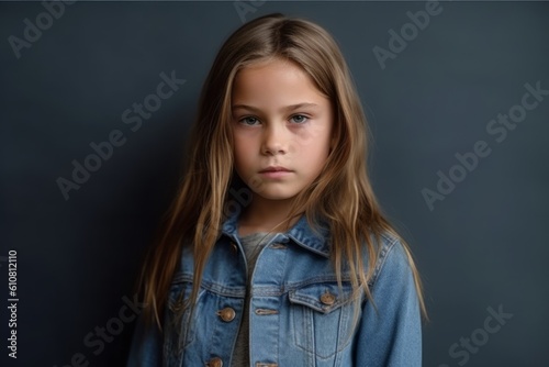 Portrait of a little girl in a denim jacket on a gray background