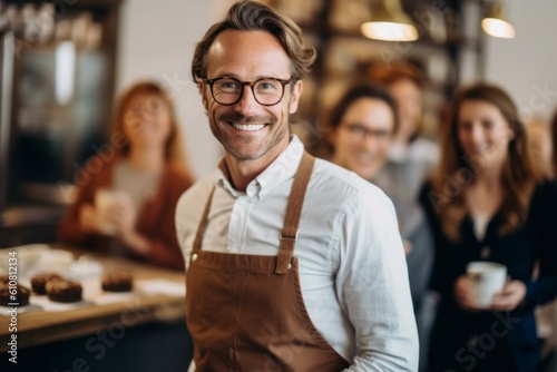 Portrait of handsome mature man in apron smiling at camera while standing in cafe
