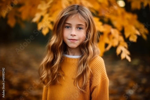 Portrait of a beautiful little girl in a yellow sweater in the autumn forest.