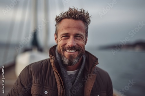 Medium shot portrait photography of a pleased man in his 30s that is wearing a chic cardigan against a dramatic sailboat race on a windy day background . Generative AI