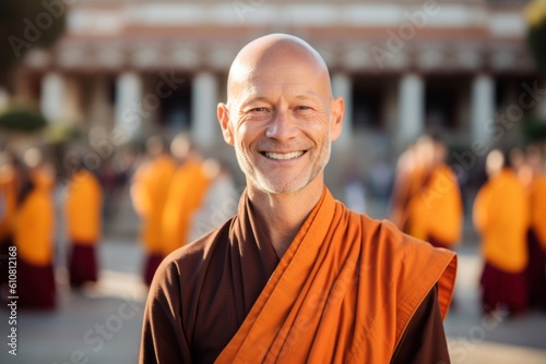 Portrait of smiling senior buddhist monk at the temple.