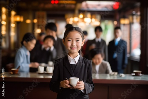 Asian businesswoman holding a cup of coffee with her team in background