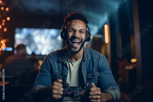 Medium shot portrait photography of a pleased man in his 30s that is wearing a chic cardigan against a gaming or video game background . Generative AI