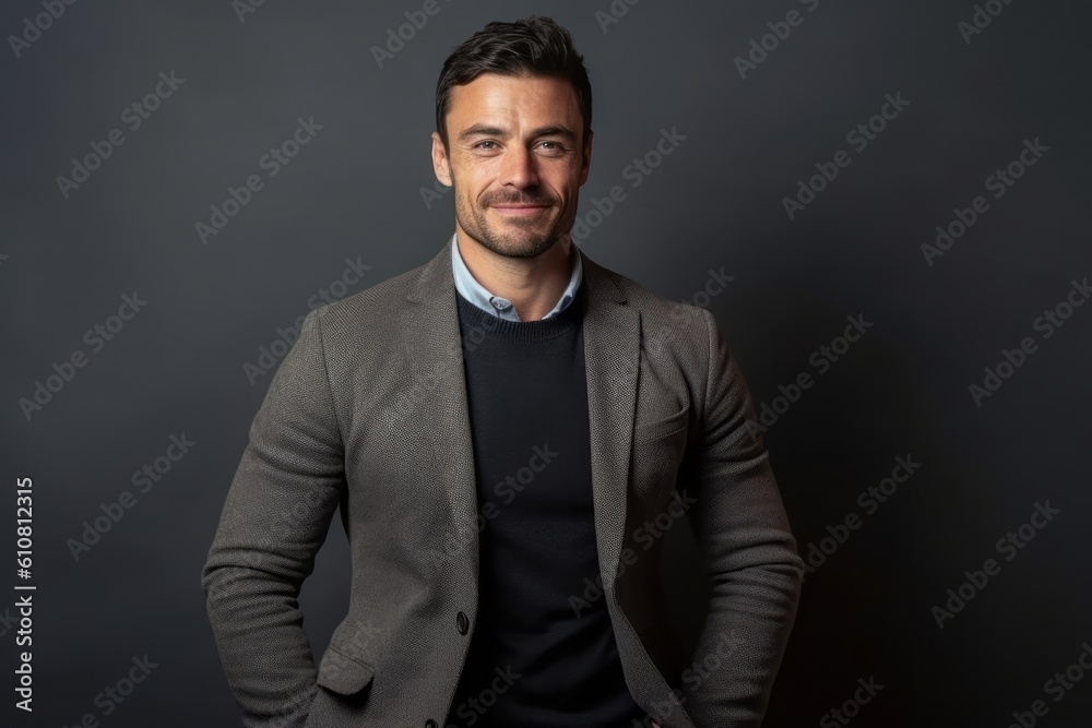 Portrait of a handsome caucasian man in a gray jacket on a black background Portrait of a handsome caucasian man in a gray jacket on a black background