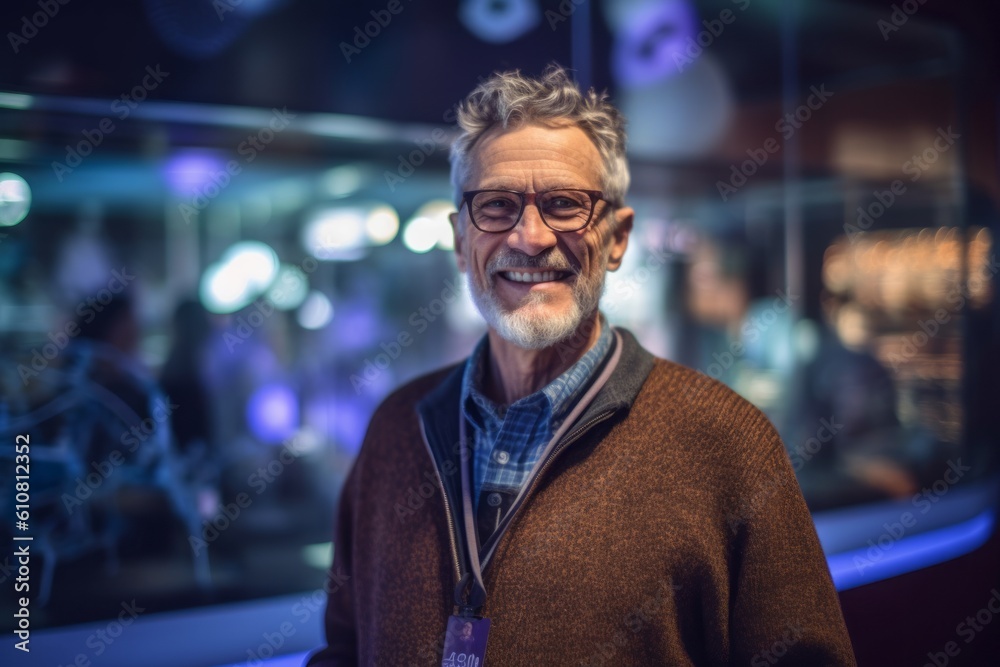 Portrait of senior man looking at camera while standing in cafe at night Portrait of senior man looking at camera while standing in cafe at night