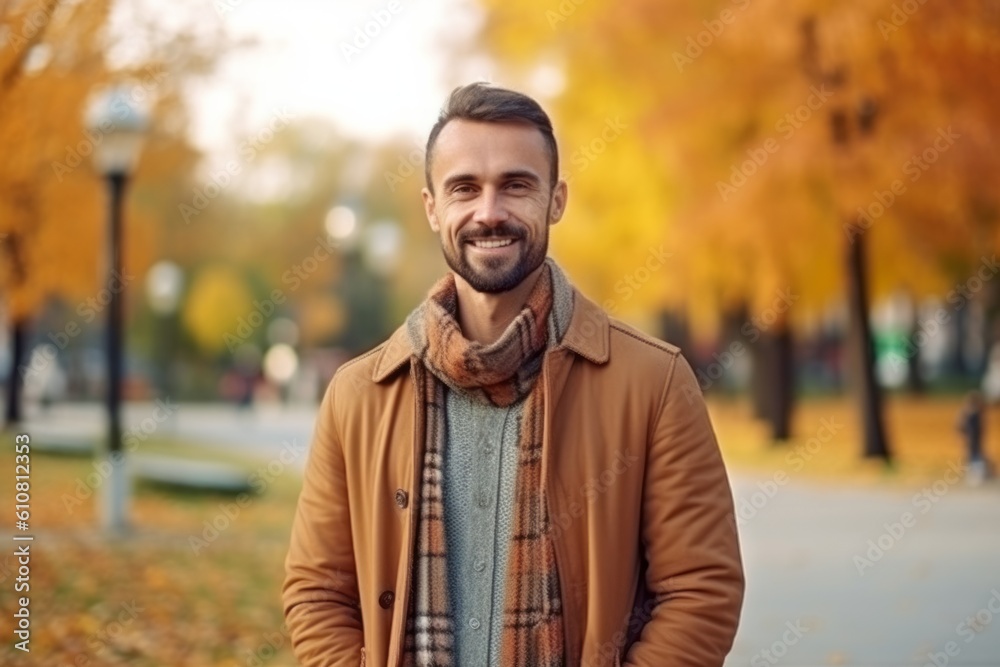 Portrait of a handsome young man in a brown coat and scarf in an autumn park