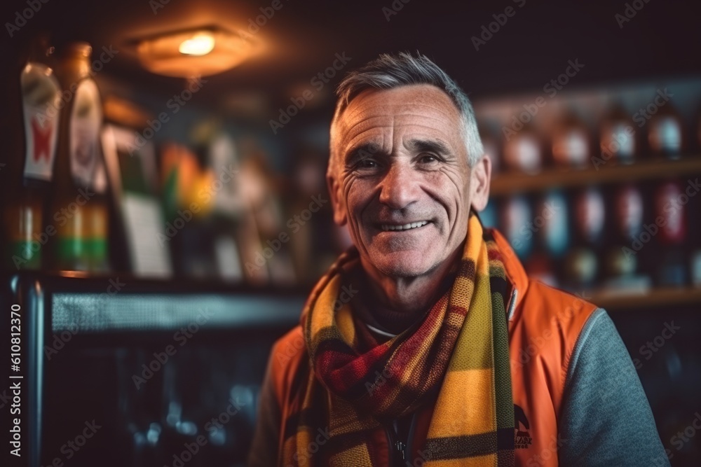 Medium shot portrait photography of a grinning man in his 50s that is wearing a cozy sweater against a raucous soccer fan's bar during a major match background . Generative AI Medium shot portrait photography of a grinning man in his 50s that is wearing a cozy sweater against a raucous soccer fan's bar during a major match background . Generative AI